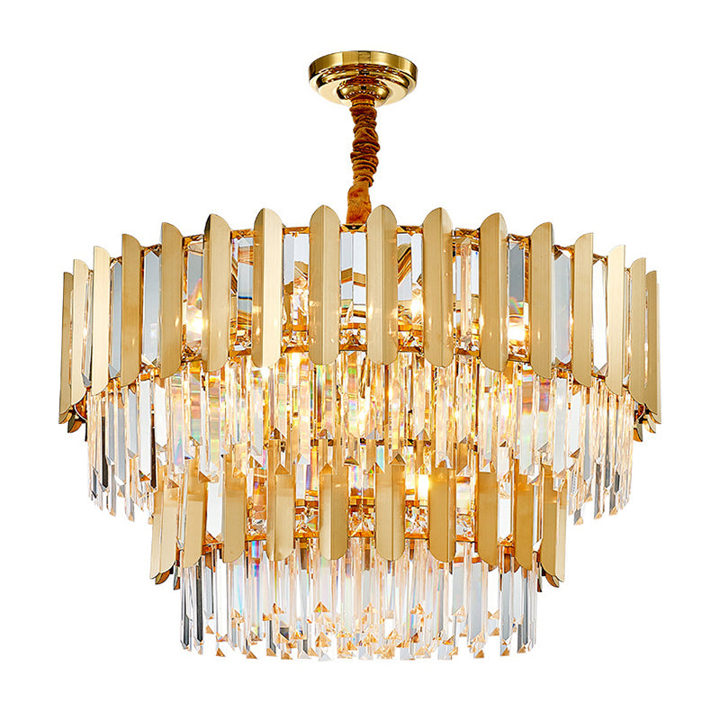Prismatic Crystal Drum Shaped Ceiling Lighting Postmodern Gold Chandelier Light Fixture Gold 2 Tiers 39.5" Clearhalo 'Ceiling Lights' 'Chandeliers' 'Modern Chandeliers' 'Modern' Lighting' 2136770