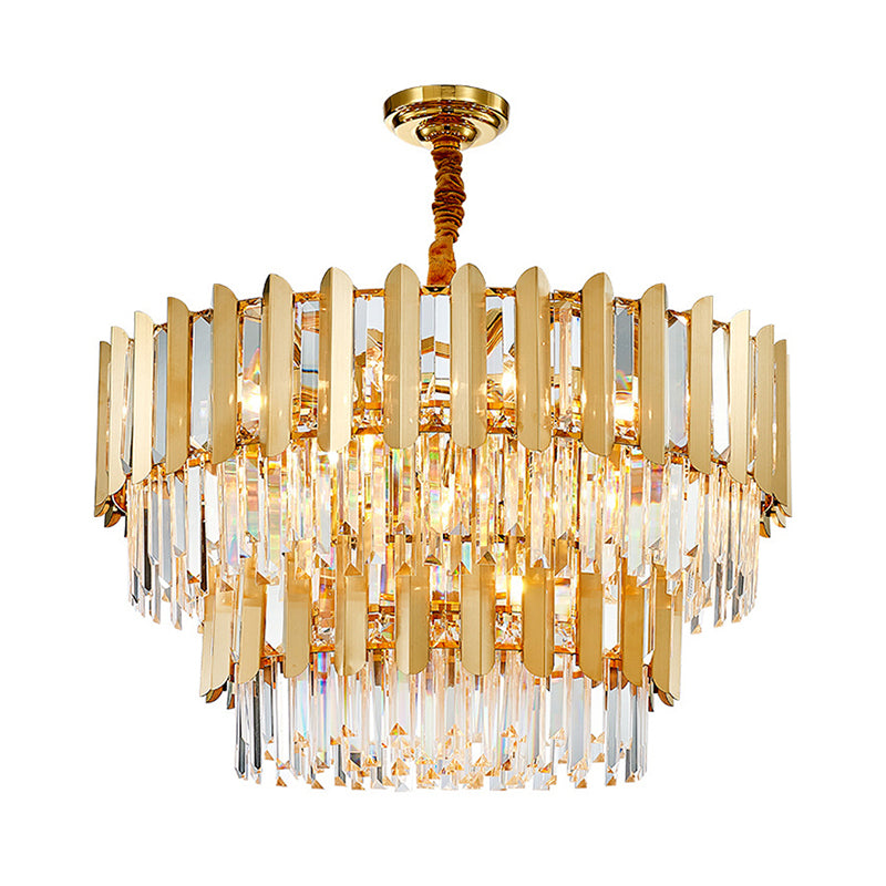 Prismatic Crystal Drum Shaped Ceiling Lighting Postmodern Gold Chandelier Light Fixture Gold 2 Tiers 31.5" Clearhalo 'Ceiling Lights' 'Chandeliers' 'Modern Chandeliers' 'Modern' Lighting' 2136771