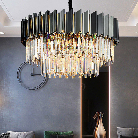 Tiered Suspension Light Artistic Strip Crystal Black Chandelier Light for Living Room 24 Black Clearhalo 'Ceiling Lights' 'Chandeliers' 'Modern Chandeliers' 'Modern' Lighting' 2136792