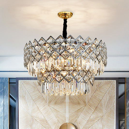 Stainless Steel Multi-Tiered Chandelier Pendant Light Post-Modern Crystal Rhombus Hanging Light 21 Stainless-Steel Clearhalo 'Ceiling Lights' 'Chandeliers' 'Modern Chandeliers' 'Modern' Lighting' 2136839