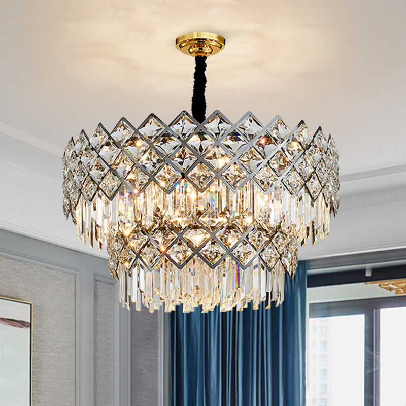 Stainless Steel Multi-Tiered Chandelier Pendant Light Post-Modern Crystal Rhombus Hanging Light 15 Stainless-Steel Clearhalo 'Ceiling Lights' 'Chandeliers' 'Modern Chandeliers' 'Modern' Lighting' 2136841