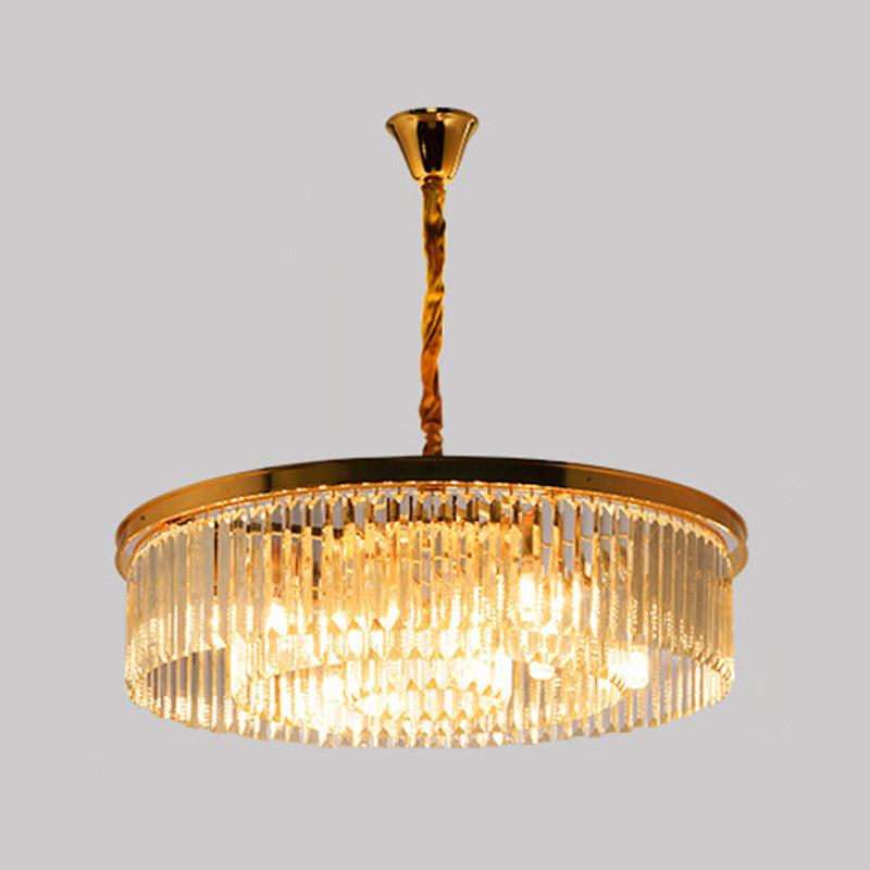 Drum Shaped Ceiling Lighting Postmodern K9 Strip Crystal Living Room Chandelier Light Fixture Gold 29.5" Clearhalo 'Ceiling Lights' 'Chandeliers' 'Modern Chandeliers' 'Modern' Lighting' 2136867