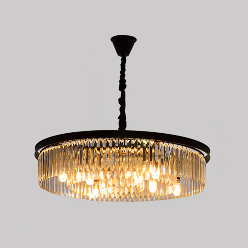 Drum Shaped Ceiling Lighting Postmodern K9 Strip Crystal Living Room Chandelier Light Fixture Black 29.5" Clearhalo 'Ceiling Lights' 'Chandeliers' 'Modern Chandeliers' 'Modern' Lighting' 2136873