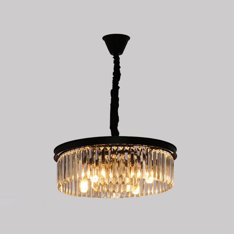 Drum Shaped Ceiling Lighting Postmodern K9 Strip Crystal Living Room Chandelier Light Fixture Black 19.5" Clearhalo 'Ceiling Lights' 'Chandeliers' 'Modern Chandeliers' 'Modern' Lighting' 2136874