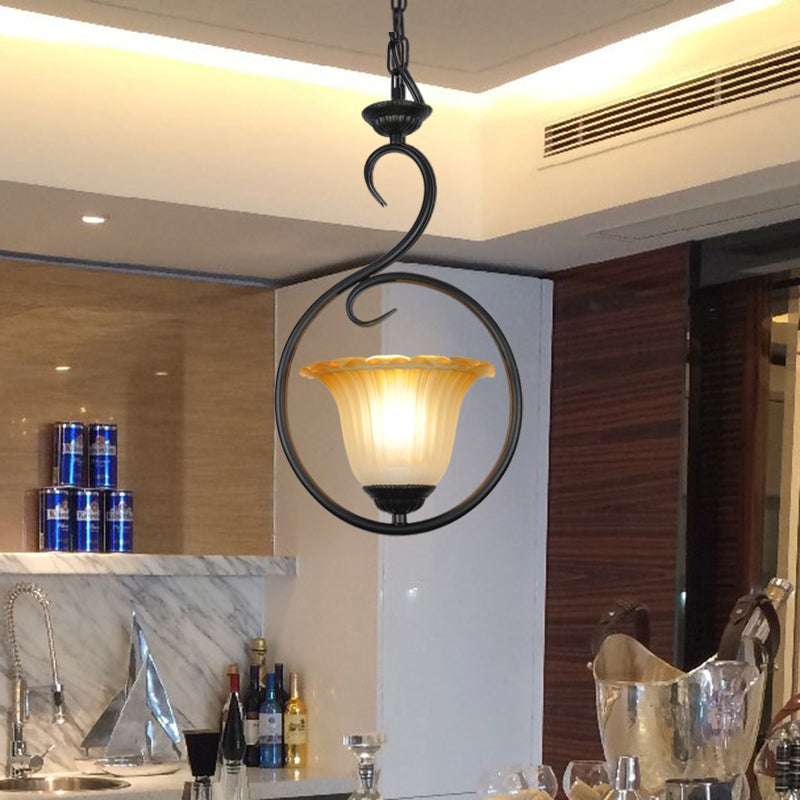 1 Light Flower Pendant Lighting Traditional White/Black Metal Hanging Light Fixture with Ring Black Clearhalo 'Ceiling Lights' 'Pendant Lights' 'Pendants' Lighting' 213706_f836fe3f-edbc-4c2c-822e-4d5886c5219a