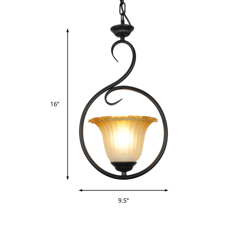 1 Light Flower Pendant Lighting Traditional White/Black Metal Hanging Light Fixture with Ring Clearhalo 'Ceiling Lights' 'Pendant Lights' 'Pendants' Lighting' 213709