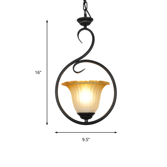 1 Light Flower Pendant Lighting Traditional White/Black Metal Hanging Light Fixture with Ring Clearhalo 'Ceiling Lights' 'Pendant Lights' 'Pendants' Lighting' 213709