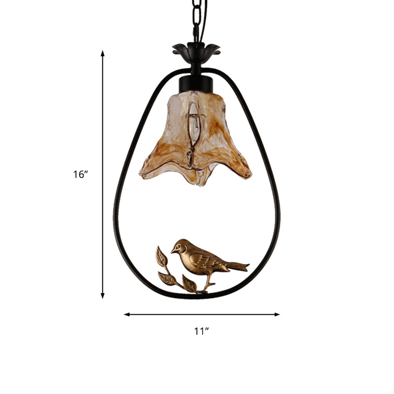 Black Round/Oval Ceiling Light Classic Metal 1 Light Living Room Pendant Lighting Fixture with Flower Shade and Bird Clearhalo 'Ceiling Lights' 'Pendant Lights' 'Pendants' Lighting' 213737