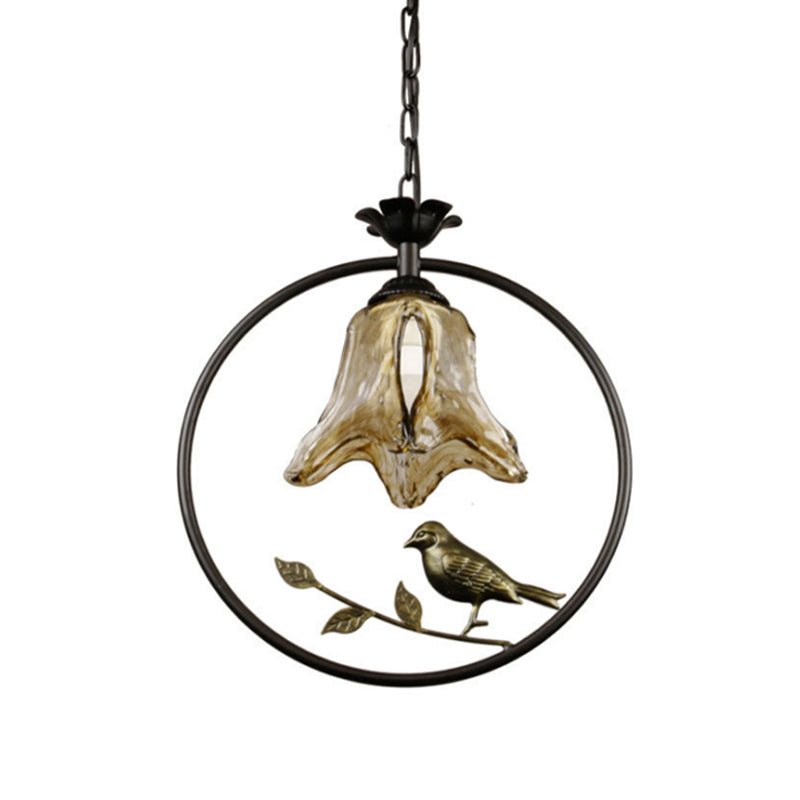 Black Round/Oval Ceiling Light Classic Metal 1 Light Living Room Pendant Lighting Fixture with Flower Shade and Bird Clearhalo 'Ceiling Lights' 'Pendant Lights' 'Pendants' Lighting' 213738