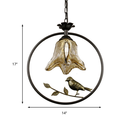 Black Round/Oval Ceiling Light Classic Metal 1 Light Living Room Pendant Lighting Fixture with Flower Shade and Bird Clearhalo 'Ceiling Lights' 'Pendant Lights' 'Pendants' Lighting' 213739