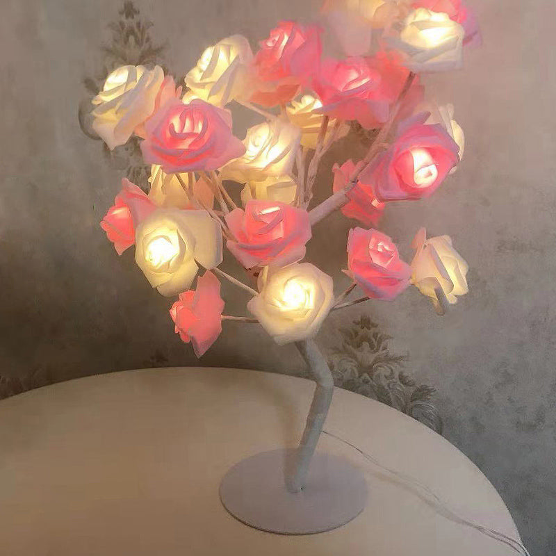 Art Decor Tree Branch USB Table Lighting Plastic Bedroom LED Nightstand Lamp with Decorative Rose Pink-White USB Clearhalo 'Night Lights' 'Wall Lights' Lighting' 2137570