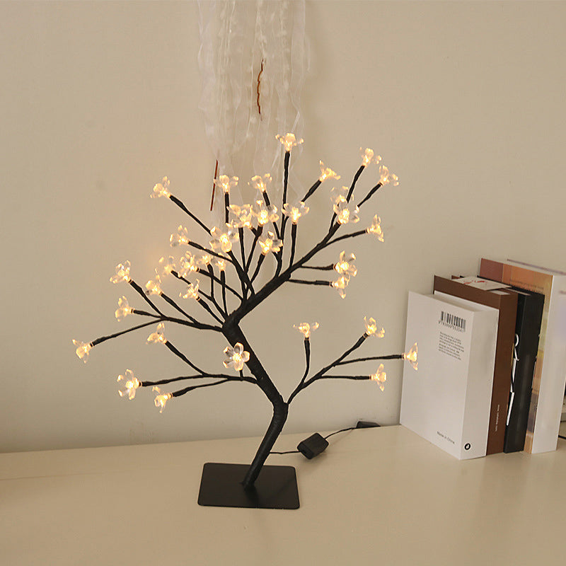 Metallic Tree Branch LED Table Lamp Art Decor Black USB Nightstand Light with Plastic Flower Decor Black USB Clearhalo 'Night Lights' 'Wall Lights' Lighting' 2137650