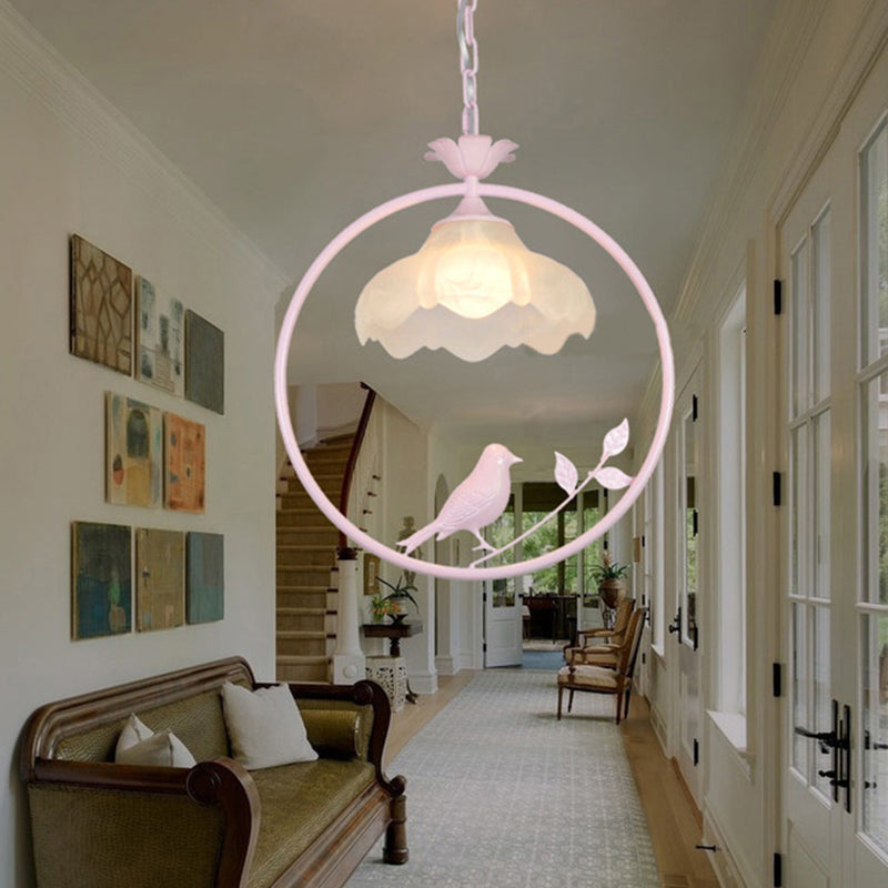 Classic Round Pendant Lighting 1 Light Metal Hanging Light Fixture in Black/White/Pink with Scalloped Shade Clearhalo 'Ceiling Lights' 'Pendant Lights' 'Pendants' Lighting' 213773