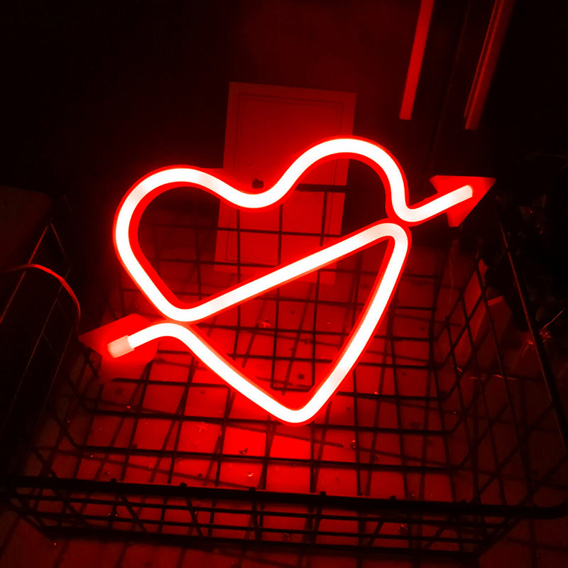 Heart and Arrow LED Neon Night Light Plastic Bedroom Battery Powered Wall Lighting in White White Battery Red Clearhalo 'Night Lights' 'Wall Lights' Lighting' 2137739