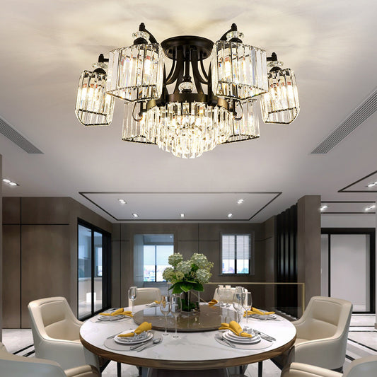 Tiered Living Room Ceiling Light Retro Clear Crystal Black Semi Flush Chandelier 8 Black Clearhalo 'Ceiling Lights' 'Close To Ceiling Lights' 'Close to ceiling' 'Semi-flushmount' Lighting' 2137843