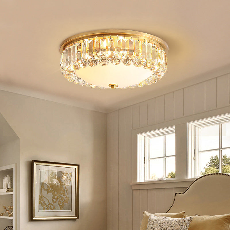 Milk Glass Dome Flush Lamp Postmodern 4-Bulb Gold Ceiling Mount Light with Crystal Accent Gold Clearhalo 'Ceiling Lights' 'Close To Ceiling Lights' 'Close to ceiling' 'Flush mount' Lighting' 2137900