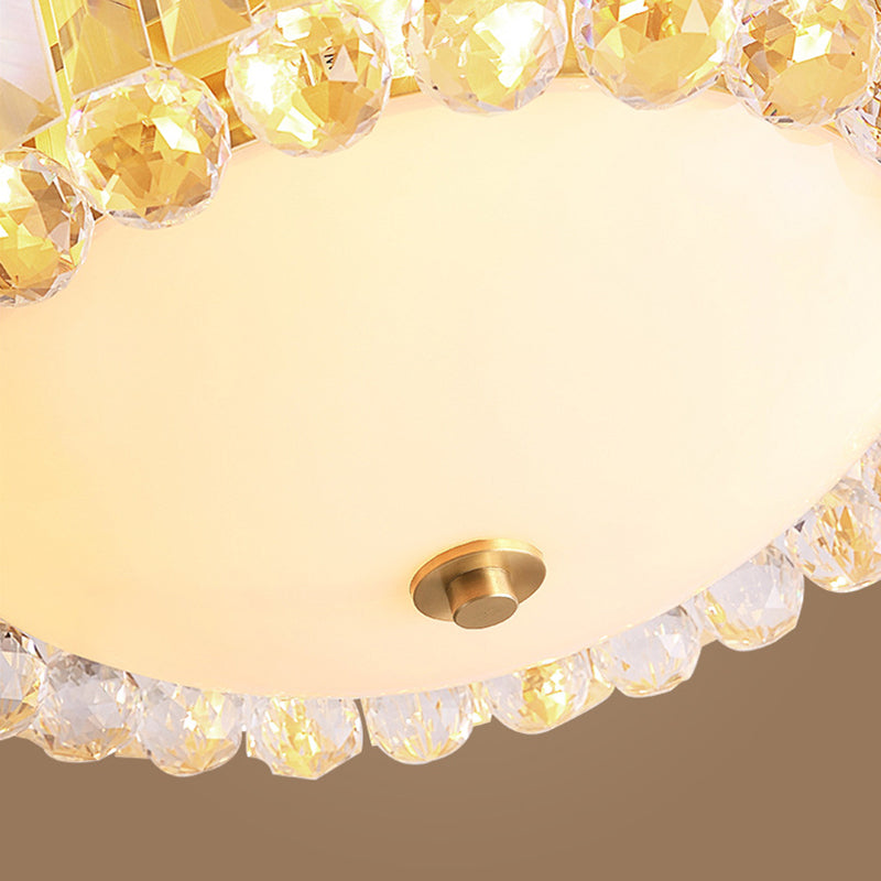 Milk Glass Dome Flush Lamp Postmodern 4-Bulb Gold Ceiling Mount Light with Crystal Accent Clearhalo 'Ceiling Lights' 'Close To Ceiling Lights' 'Close to ceiling' 'Flush mount' Lighting' 2137902