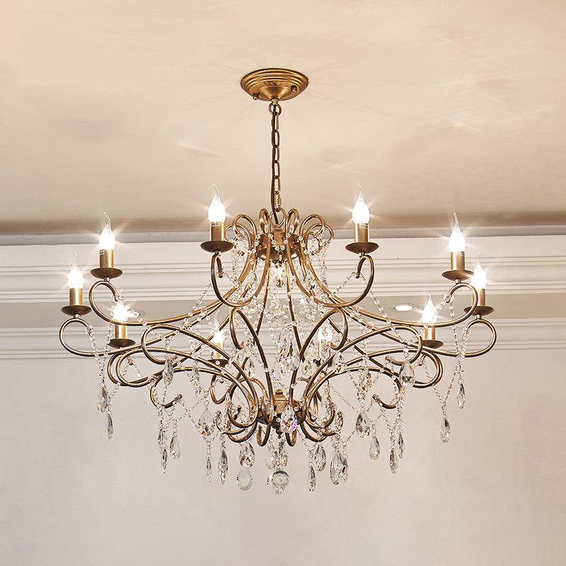 Gold Finish Ceiling Hang Light Vintage Metal Candlestick Chandelier with Crystal Strand Clearhalo 'Ceiling Lights' 'Chandeliers' Lighting' options 2137927