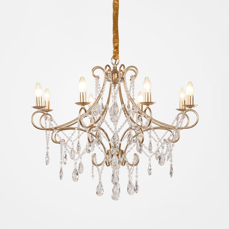 Gold Finish Ceiling Hang Light Vintage Metal Candlestick Chandelier with Crystal Strand Clearhalo 'Ceiling Lights' 'Chandeliers' Lighting' options 2137929