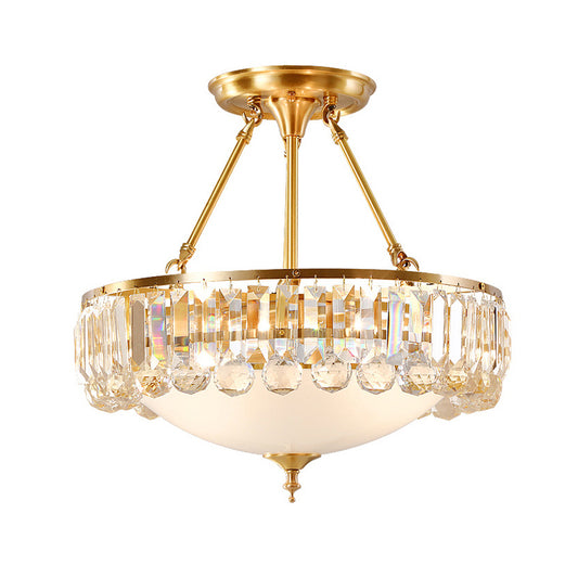K9 Crystal Flushmount Ceiling Lamp Vintage Gold Bowl Shaped Dining Room Flush Light with Opal Glass Diffuser Clearhalo 'Ceiling Lights' 'Close To Ceiling Lights' 'Close to ceiling' 'Flush mount' Lighting' 2137942