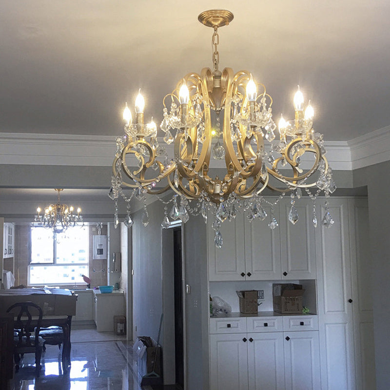 Crystal Draping Chandelier Lighting Rustic Gold Scrolling Arm Dining Room Pendant with Crystal Drop Clearhalo 'Ceiling Lights' 'Chandeliers' Lighting' options 2137972