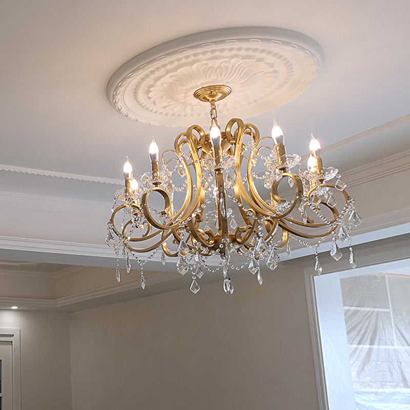 Crystal Draping Chandelier Lighting Rustic Gold Scrolling Arm Dining Room Pendant with Crystal Drop Clearhalo 'Ceiling Lights' 'Chandeliers' Lighting' options 2137973