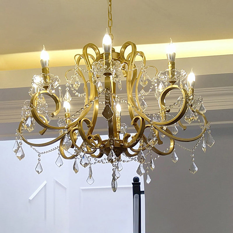 Crystal Draping Chandelier Lighting Rustic Gold Scrolling Arm Dining Room Pendant with Crystal Drop Clearhalo 'Ceiling Lights' 'Chandeliers' Lighting' options 2137975