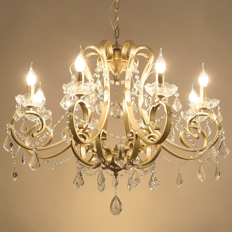 Crystal Draping Chandelier Lighting Rustic Gold Scrolling Arm Dining Room Pendant with Crystal Drop Clearhalo 'Ceiling Lights' 'Chandeliers' Lighting' options 2137977