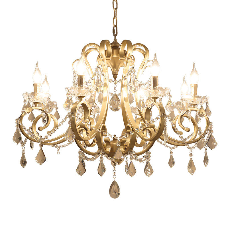 Crystal Draping Chandelier Lighting Rustic Gold Scrolling Arm Dining Room Pendant with Crystal Drop Clearhalo 'Ceiling Lights' 'Chandeliers' Lighting' options 2137978