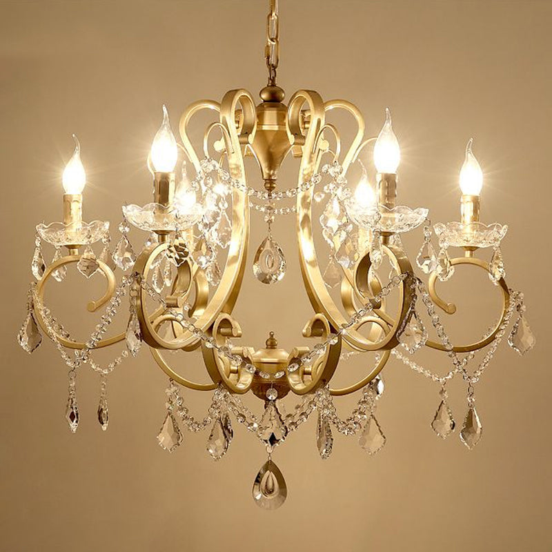 Crystal Draping Chandelier Lighting Rustic Gold Scrolling Arm Dining Room Pendant with Crystal Drop Clearhalo 'Ceiling Lights' 'Chandeliers' Lighting' options 2137979