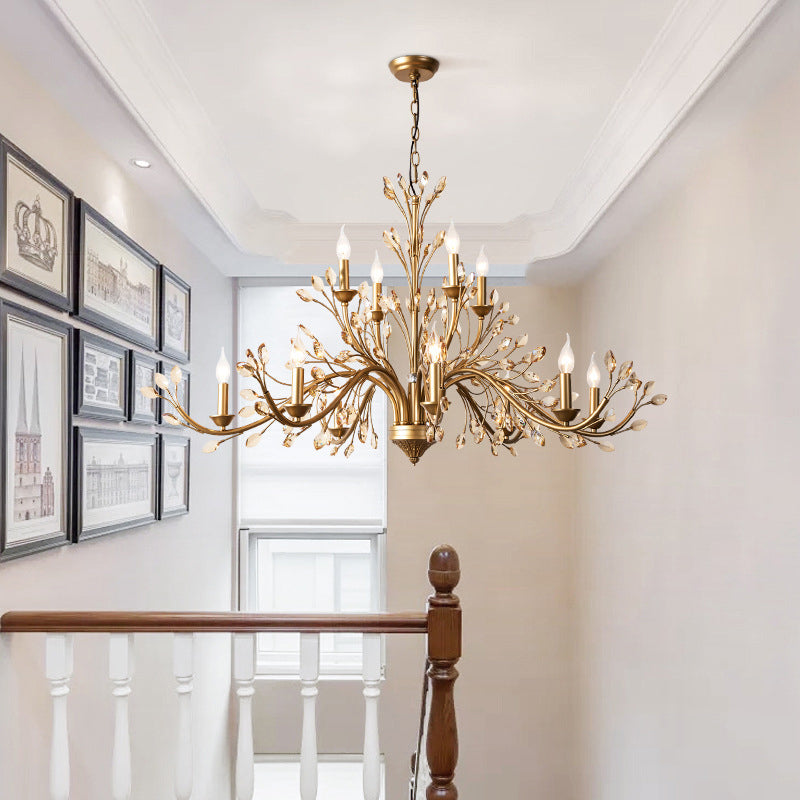 Amber Crystal Branch Pendant Chandelier Rustic Bedroom Suspension Lighting in Gold Clearhalo 'Ceiling Lights' 'Chandeliers' Lighting' options 2138001