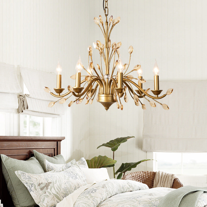 Amber Crystal Branch Pendant Chandelier Rustic Bedroom Suspension Lighting in Gold Clearhalo 'Ceiling Lights' 'Chandeliers' Lighting' options 2138006