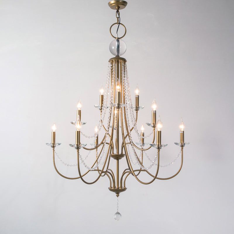 Country Style Candlestick Chandelier Metallic Hanging Light Kit with Crystal Strand Gold 3 Tiers Small Clearhalo 'Ceiling Lights' 'Chandeliers' Lighting' options 2138020_7ce146bb-0030-4a1e-bd51-549957c0cd22