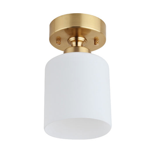 Gold Cylinder Ceiling Light Traditional White Glass 1 Light Corridor Pendant Lighting Fixture Clearhalo 'Ceiling Lights' 'Glass shade' 'Glass' 'Pendant Lights' 'Pendants' Lighting' 213805