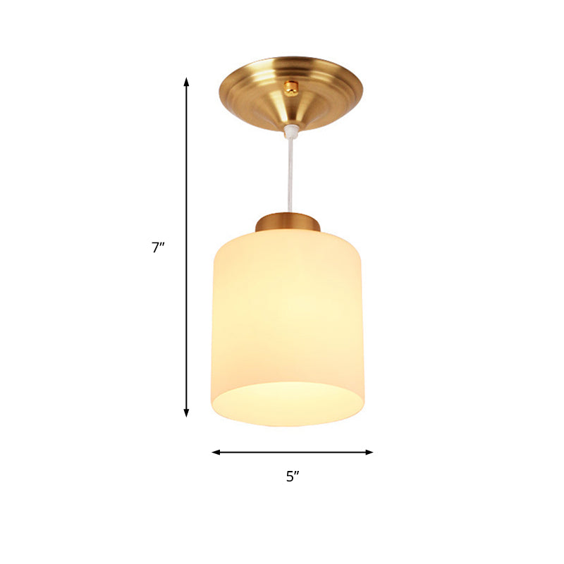 Gold Cylinder Ceiling Light Traditional White Glass 1 Light Corridor Pendant Lighting Fixture Clearhalo 'Ceiling Lights' 'Glass shade' 'Glass' 'Pendant Lights' 'Pendants' Lighting' 213806