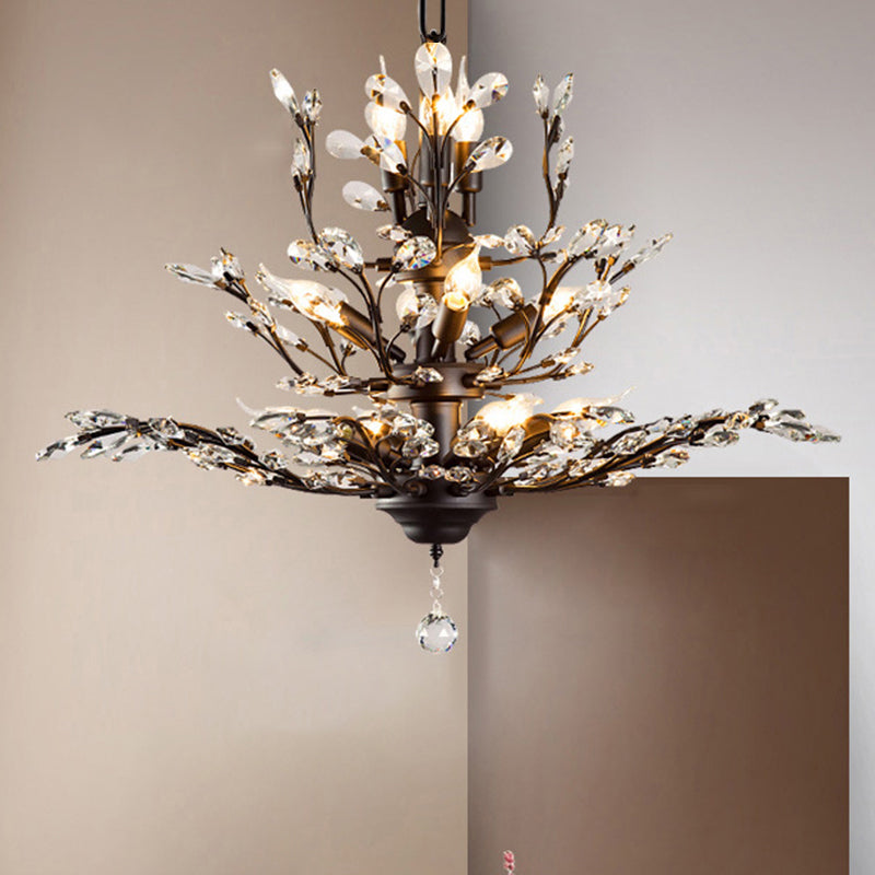 Tiered Branch Crystal Chandelier Lighting Rustic Restaurant Hanging Ceiling Light 11 Black Clearhalo 'Ceiling Lights' 'Chandeliers' Lighting' options 2138109_de7190f9-53ec-4cb7-85ba-e39015b42529