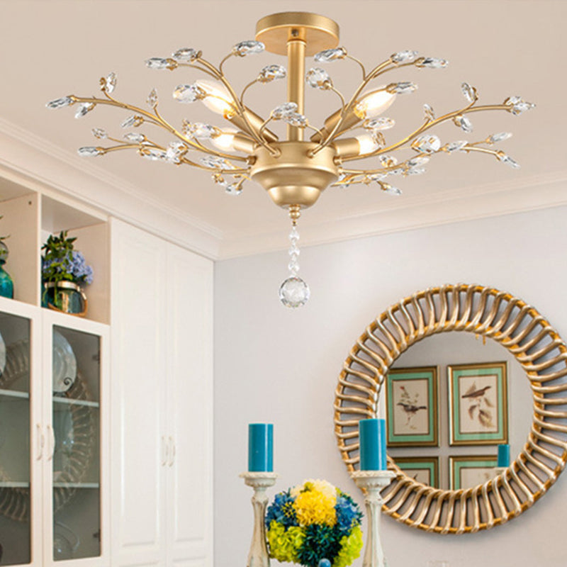 Twig Shaped Ceiling Hang Lamp Farm Style Beveled-Cut Crystal Chandelier for Living Room 4 Gold Clearhalo 'Ceiling Lights' 'Chandeliers' Lighting' options 2138125_f29e0308-2187-4585-8cbc-49e3d46b7cae