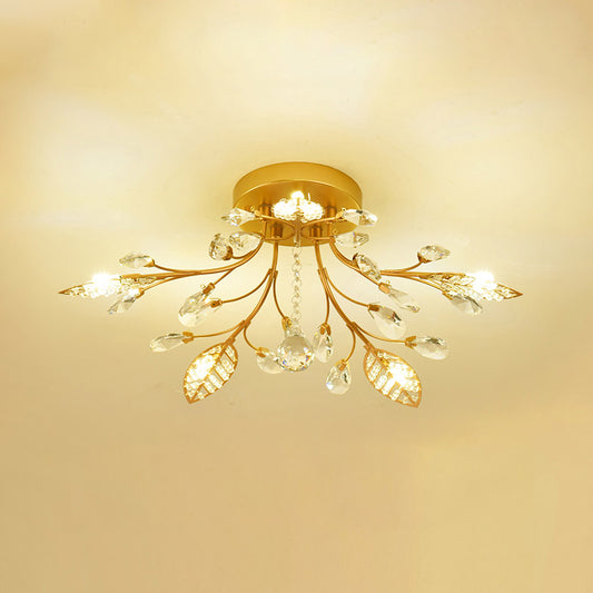 Gold Branches Ceiling Light Fixture Rustic Crystal Hallway LED Flush Mounted Lamp 5 Gold Clearhalo 'Ceiling Lights' 'Close To Ceiling Lights' 'Close to ceiling' 'Flush mount' Lighting' 2138134