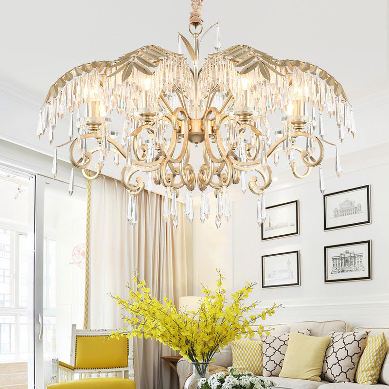 Crystal Palm Leaf Chandelier Colonial Style Dining Room Ceiling Suspension Lamp in Gold Clearhalo 'Ceiling Lights' 'Chandeliers' Lighting' options 2138135