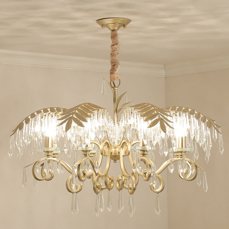 Crystal Palm Leaf Chandelier Colonial Style Dining Room Ceiling Suspension Lamp in Gold Clearhalo 'Ceiling Lights' 'Chandeliers' Lighting' options 2138136