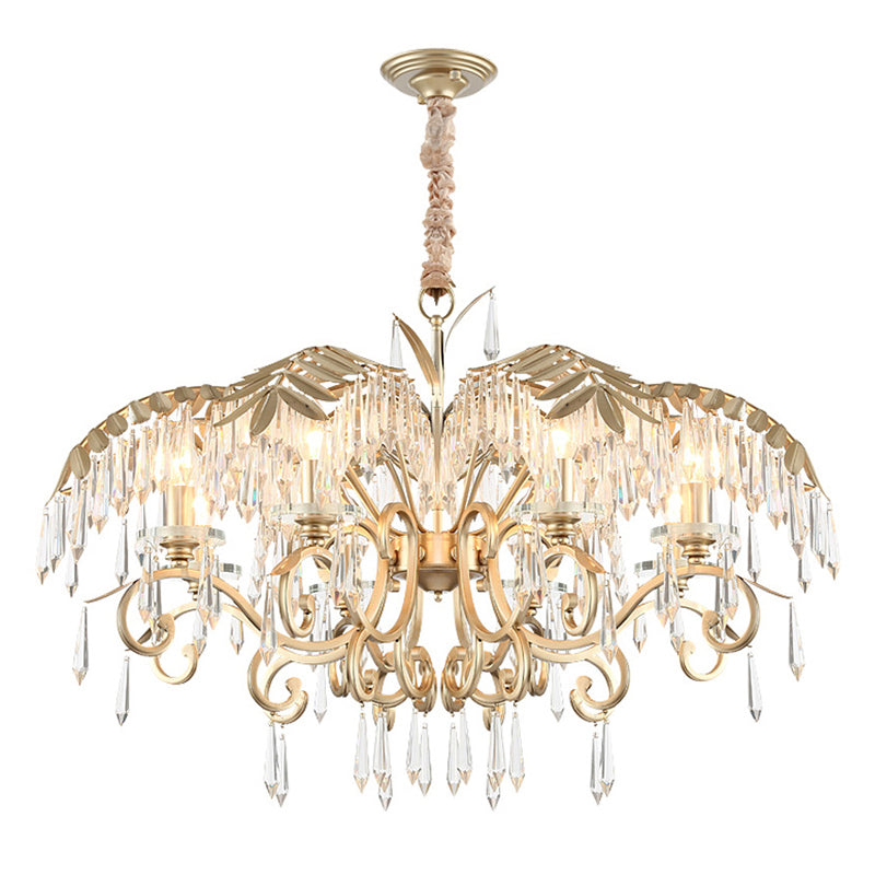 Crystal Palm Leaf Chandelier Colonial Style Dining Room Ceiling Suspension Lamp in Gold Clearhalo 'Ceiling Lights' 'Chandeliers' Lighting' options 2138138