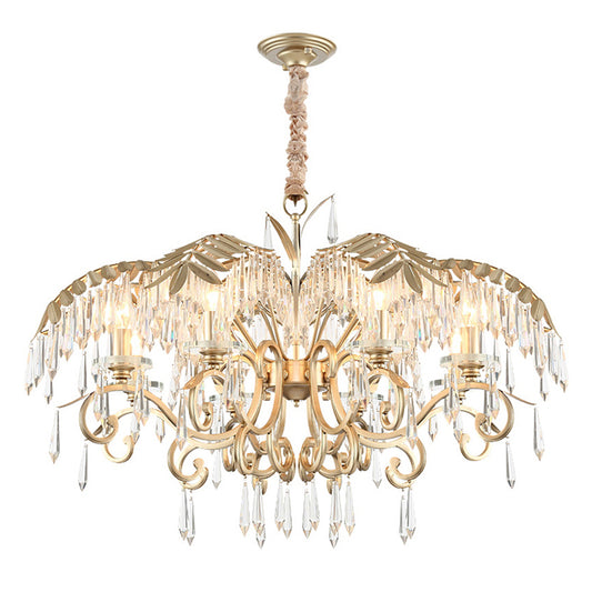 Crystal Palm Leaf Chandelier Colonial Style Dining Room Ceiling Suspension Lamp in Gold Clearhalo 'Ceiling Lights' 'Chandeliers' Lighting' options 2138138