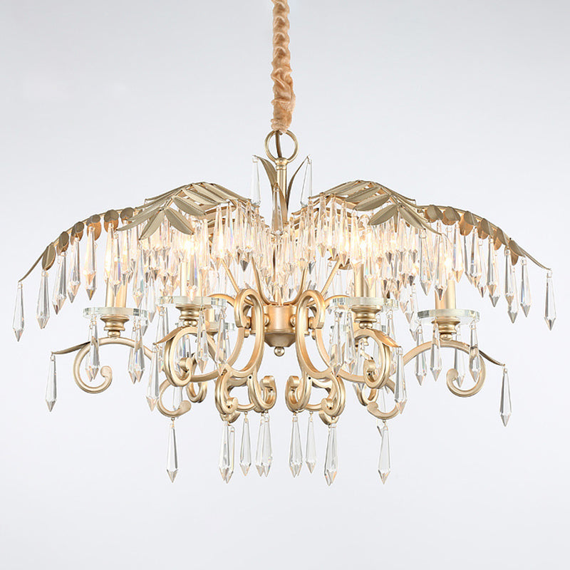 Crystal Palm Leaf Chandelier Colonial Style Dining Room Ceiling Suspension Lamp in Gold Clearhalo 'Ceiling Lights' 'Chandeliers' Lighting' options 2138140