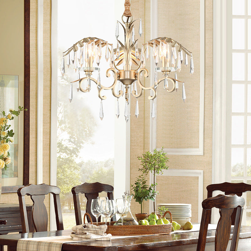 Crystal Palm Leaf Chandelier Colonial Style Dining Room Ceiling Suspension Lamp in Gold Clearhalo 'Ceiling Lights' 'Chandeliers' Lighting' options 2138141