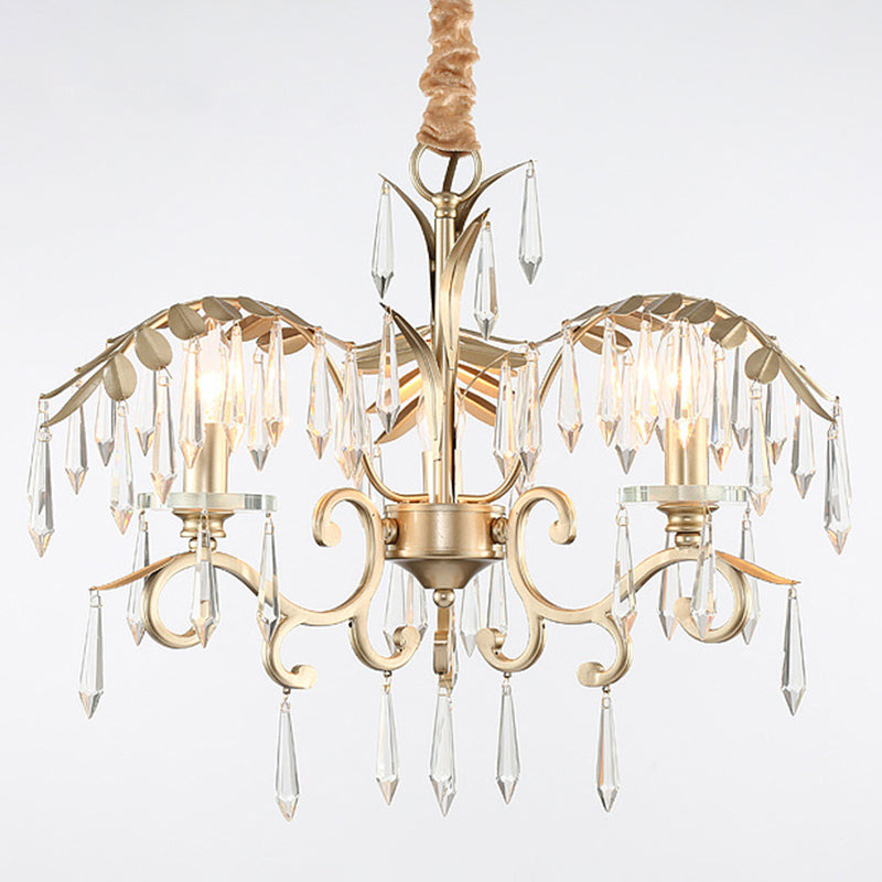 Crystal Palm Leaf Chandelier Colonial Style Dining Room Ceiling Suspension Lamp in Gold Clearhalo 'Ceiling Lights' 'Chandeliers' Lighting' options 2138142