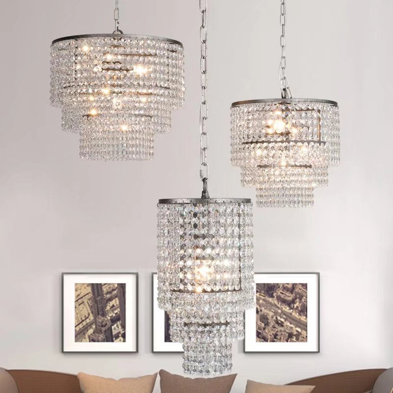 Chrome Tiered Round Chandelier Pendant Rustic Crystal Strand Living Room Hanging Light Clearhalo 'Ceiling Lights' 'Chandeliers' Lighting' options 2138172