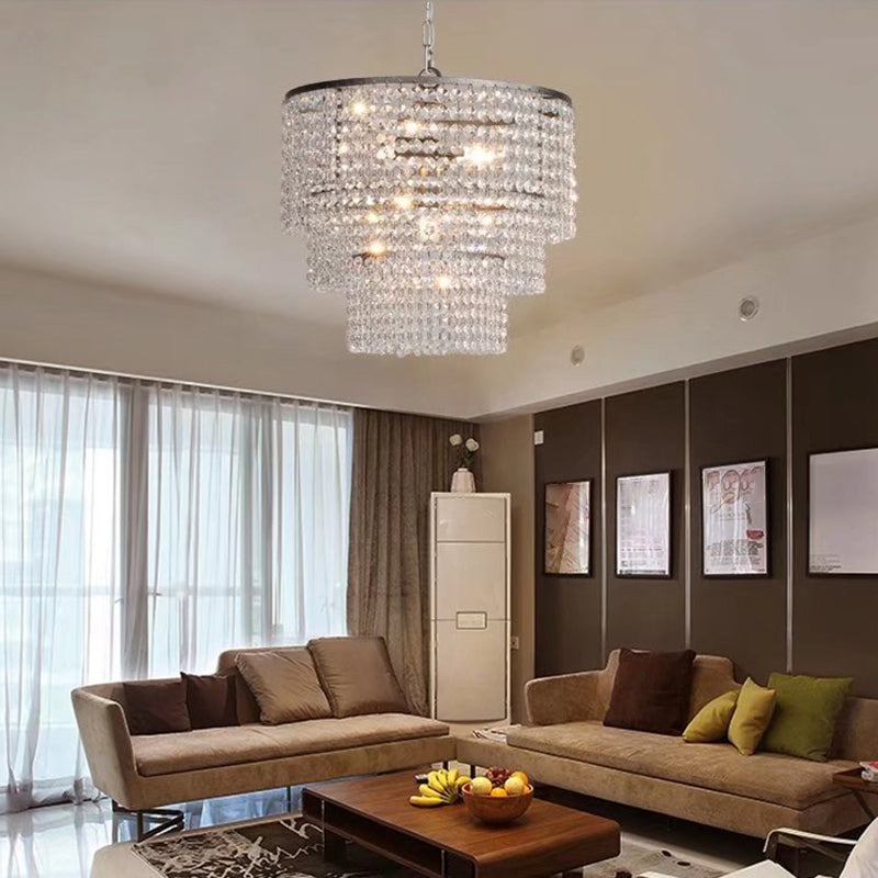 Chrome Tiered Round Chandelier Pendant Rustic Crystal Strand Living Room Hanging Light Clearhalo 'Ceiling Lights' 'Chandeliers' Lighting' options 2138173