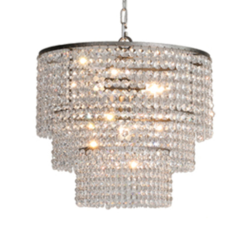 Chrome Tiered Round Chandelier Pendant Rustic Crystal Strand Living Room Hanging Light Clearhalo 'Ceiling Lights' 'Chandeliers' Lighting' options 2138177