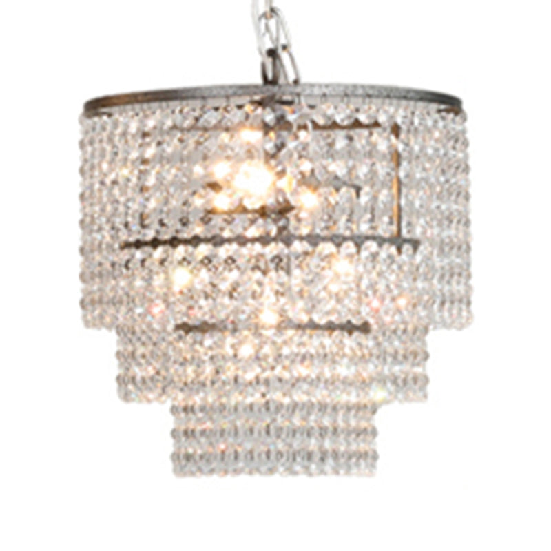 Chrome Tiered Round Chandelier Pendant Rustic Crystal Strand Living Room Hanging Light Clearhalo 'Ceiling Lights' 'Chandeliers' Lighting' options 2138178