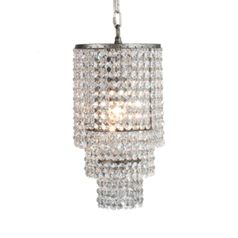 Chrome Tiered Round Chandelier Pendant Rustic Crystal Strand Living Room Hanging Light Clearhalo 'Ceiling Lights' 'Chandeliers' Lighting' options 2138179